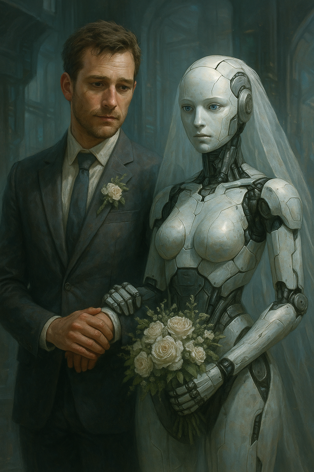 心を持たないように見えるロボット花嫁と人間の新郎の近未来的な挿絵（SFリアル調）