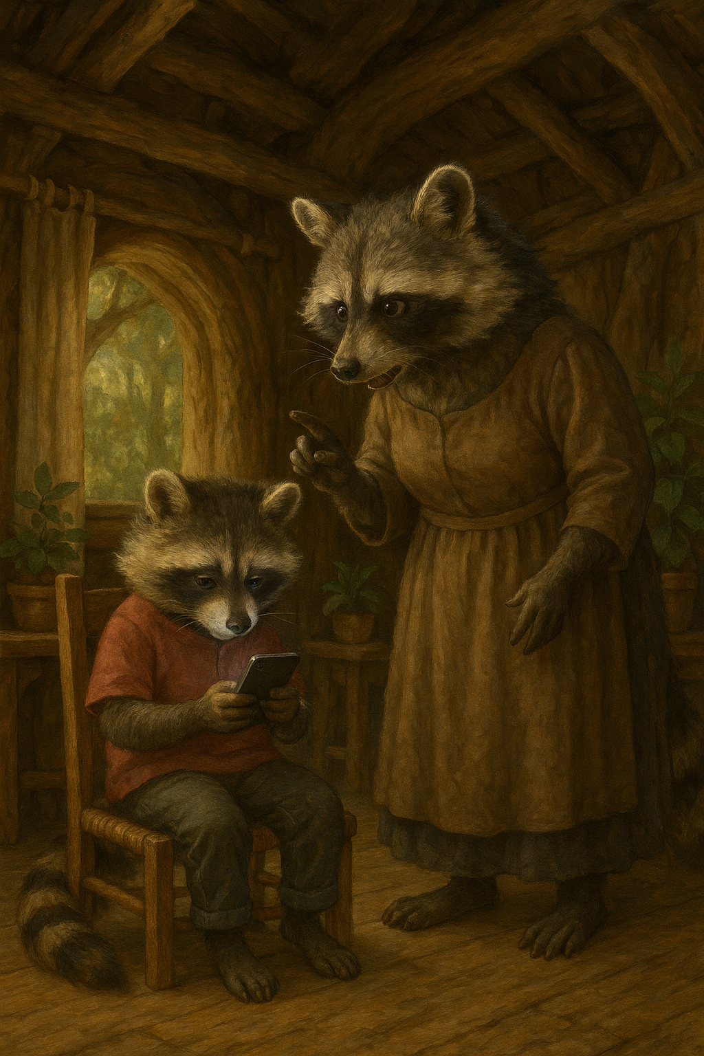 スマホに熱中するアライグマの子どもと注意する母親。倒木を組んだ家の温かな部屋。