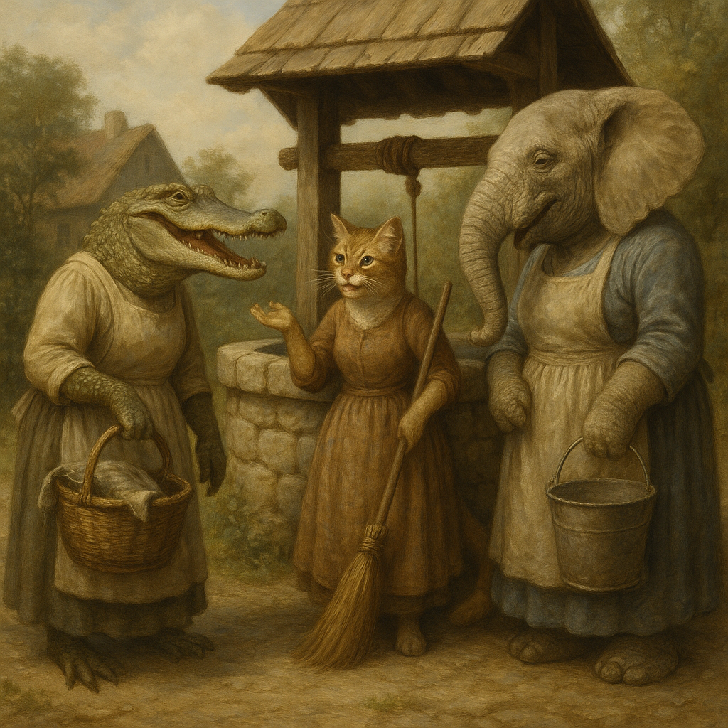 井戸の前で談笑するワニ、ネコ、ゾウ(リアル調アニマルファンタジー)