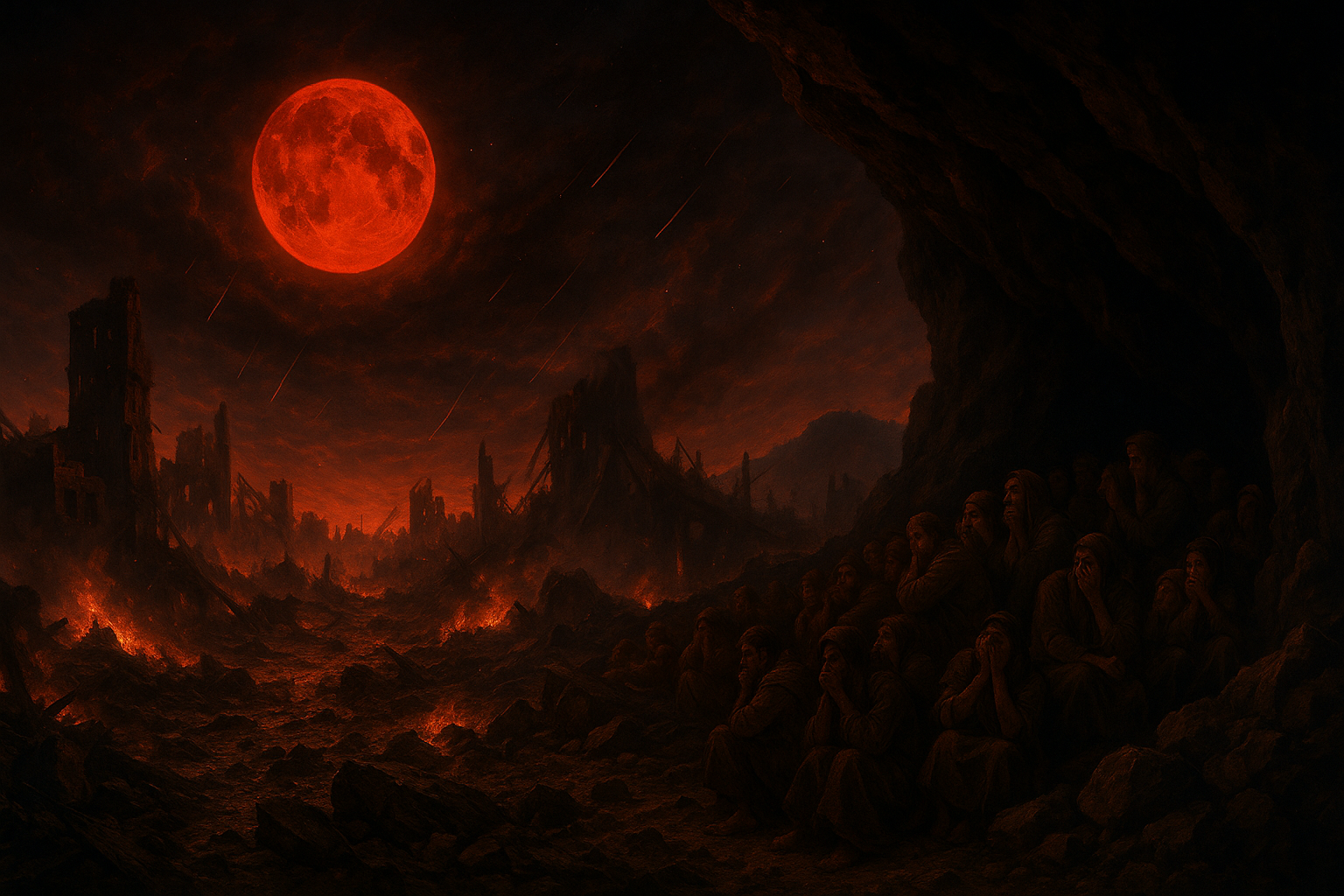 赤い月と暗い空、崩れゆく都市に怯える群衆の挿絵