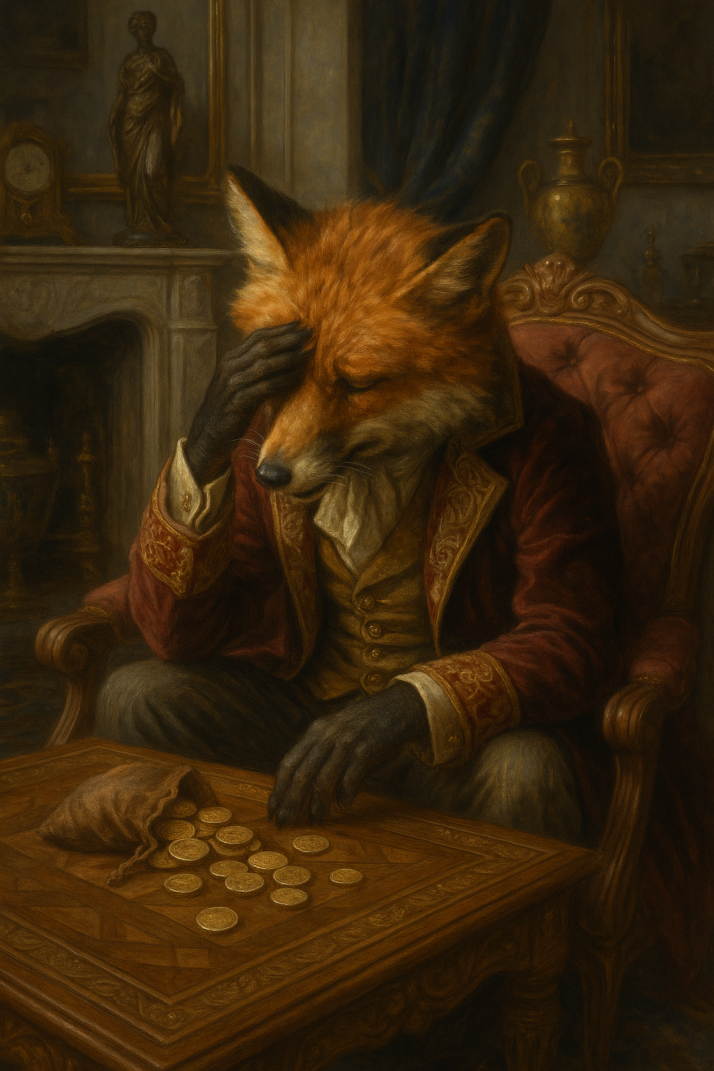 幸せではないお金持ちのキツネの絵(高級家具に囲まれ、うなだれる狐狸の肖像)