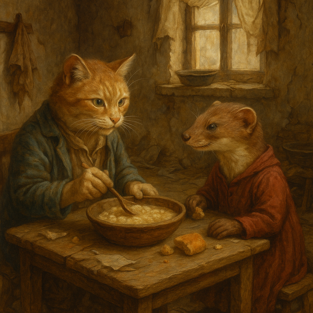 貧しい家の猫とイタチが仲良く質素な食事を楽しんでいる様子の絵(アニマルファンタジー、やさしい色調)
