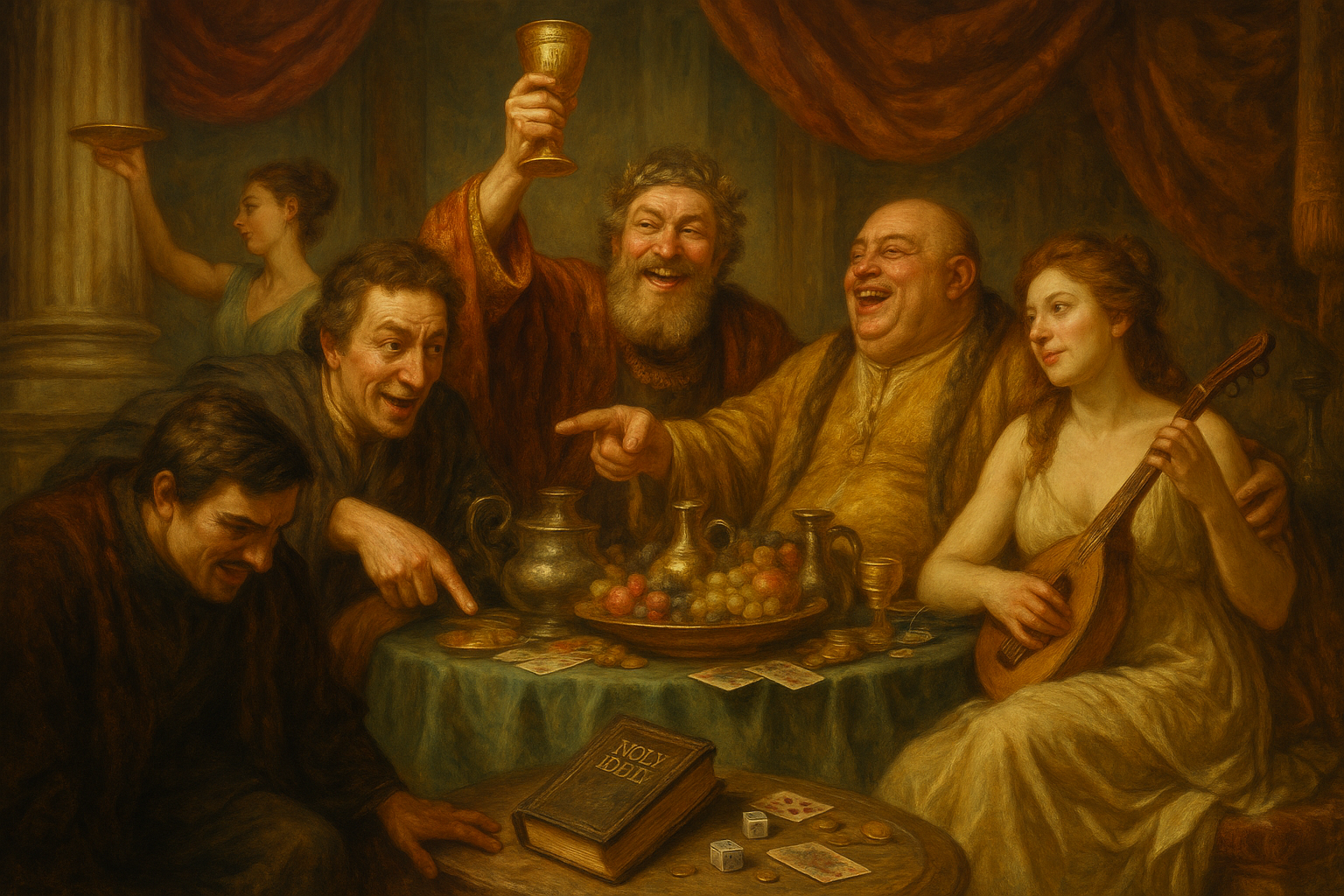 贅沢にふける権力者や金持ちたちが聖書をあざ笑う情景