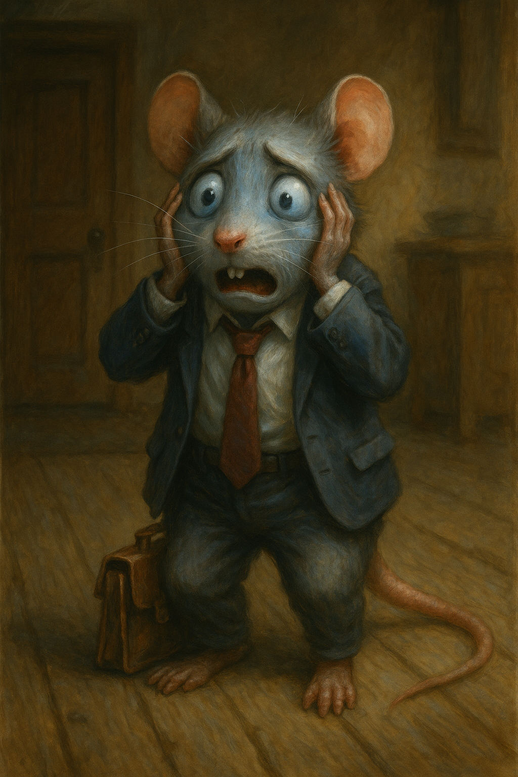 家に帰ってから会社の鍵を閉め忘れたことを思い出し、青ざめてパニックになるネクタイ姿のネズミ(リアル調アニマルファンタジー)