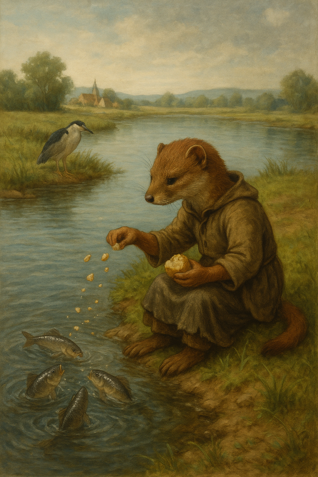 池のサカナにパンくずをやりながら、平和な日常に感謝するイタチの絵(リアル調のアニマルファンタジー、広い池・農村風景)