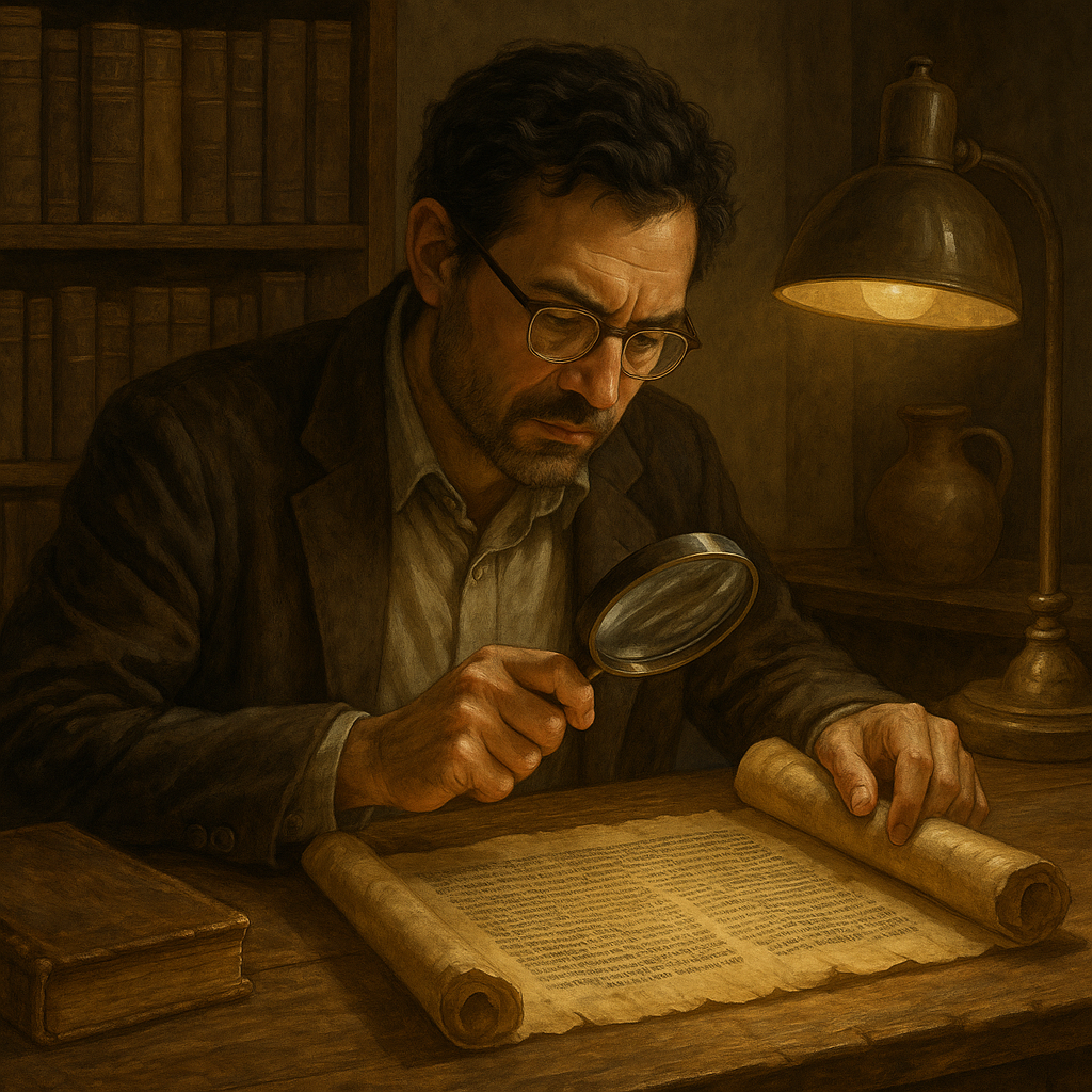 発掘された古代文献を調べる学者の絵