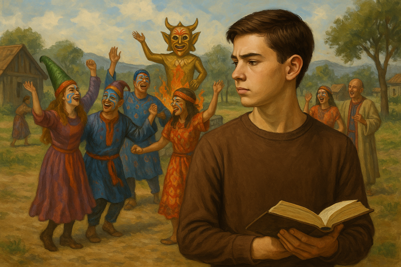 怪しげな宗教を祝う人々の中で、それらに加わらず書物を手に考える10代の青年の絵