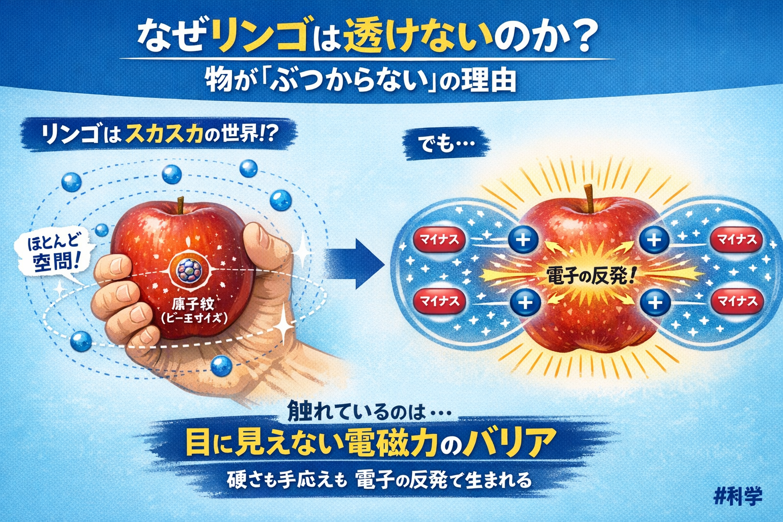 図解：原子はスカスカだが、電子の電磁力で物はすり抜けない