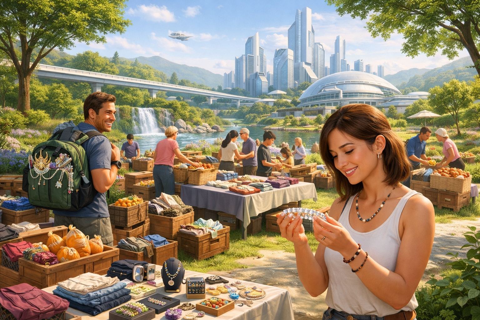 平等な世界のバザー（緑と未来都市が融合した場所）