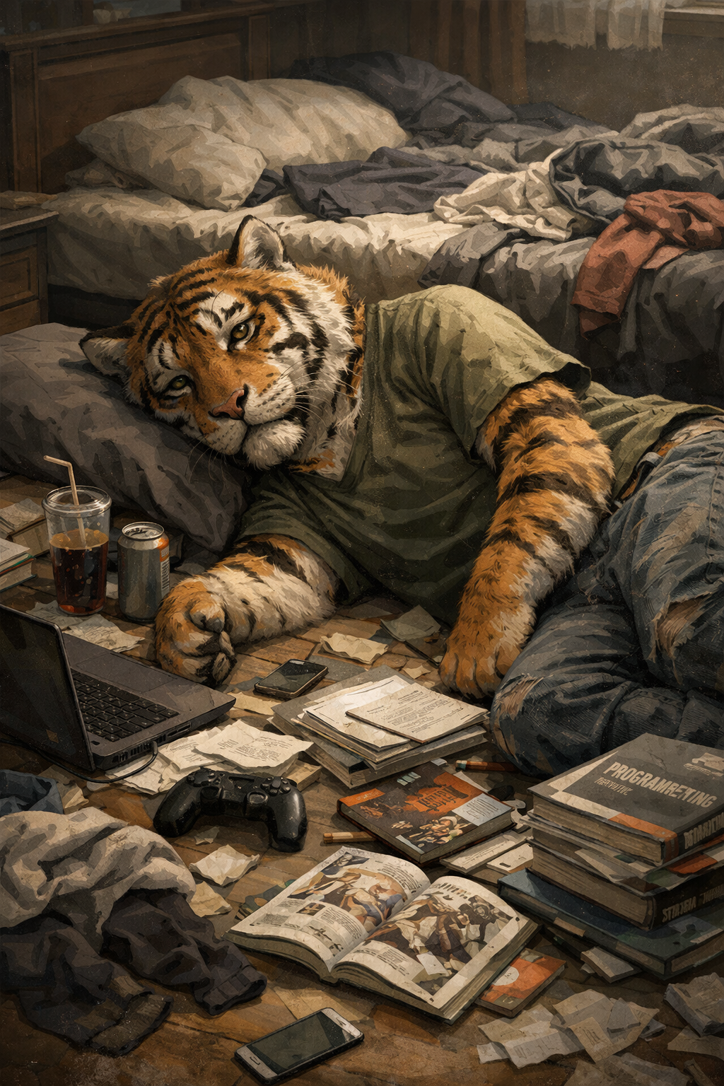 何もする気が起きず散らかった部屋の中で無気力に横たわり、うつろな目をしている